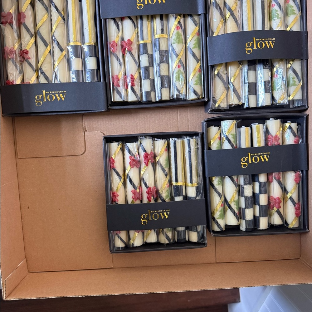 McKenzie Childs Holiday Mini Taper Candle Sets (5)- Floral & Striped Mix